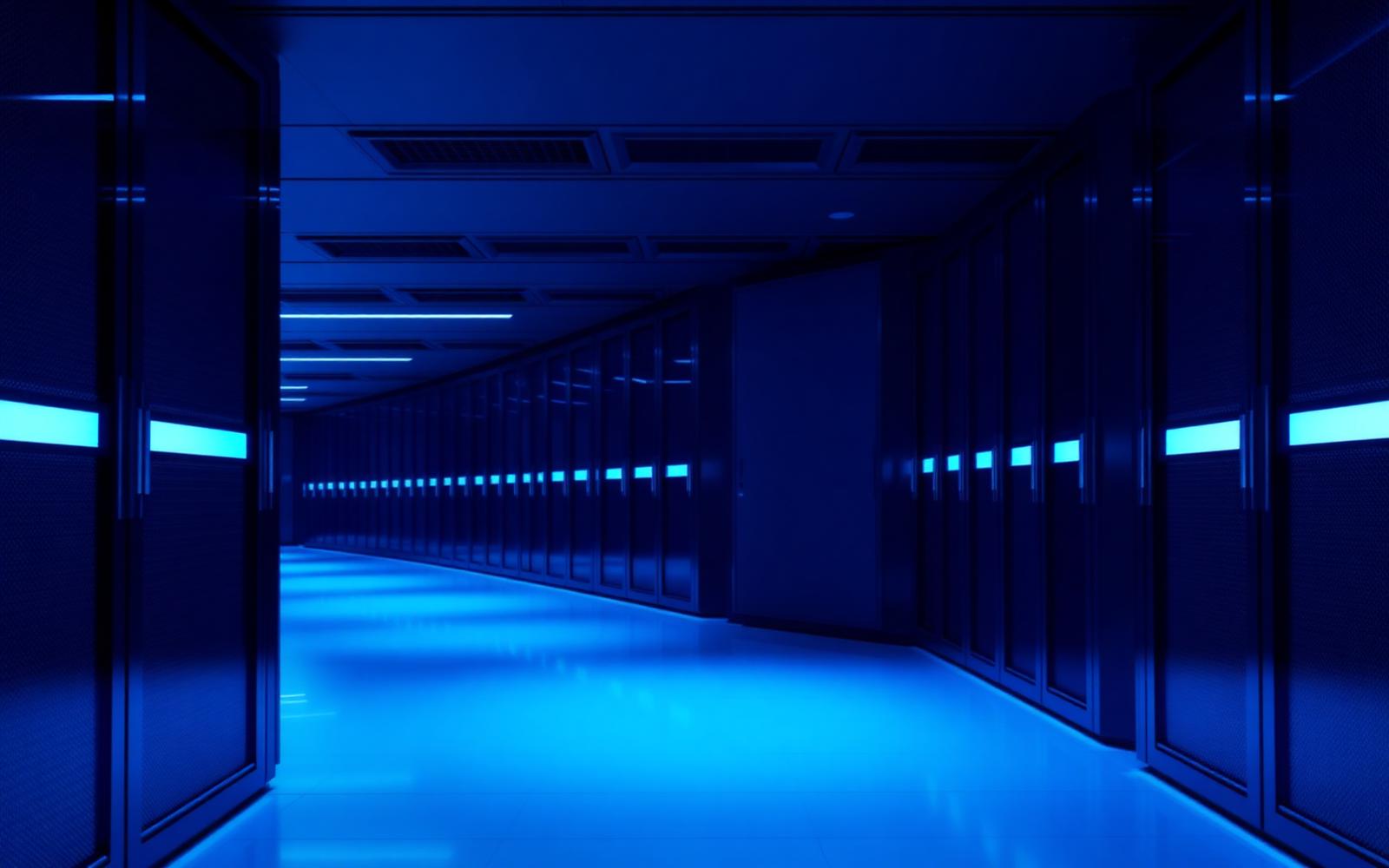 Illuminated data center corridor